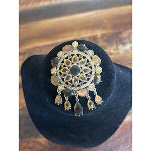 Vintage Gold-Tone Sunburst Brooch With Dangling Amber & Black Gemstone Accents